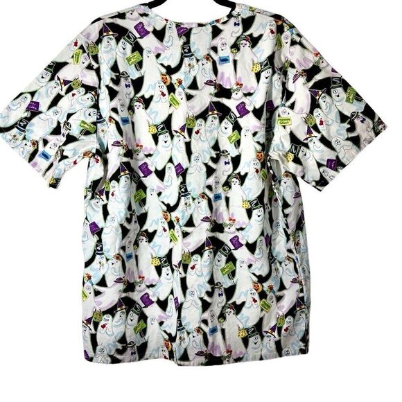 Barco Uniforms cotton cartoon ghosts print two pocket V- neck scrub top M - Picture 6 of 13